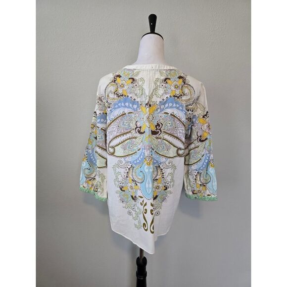 Boho Paisley Print & Knit Flowers Cotton Tunic Top 3/4 Sleeve Size L-M Artsy - Picture 4 of 8